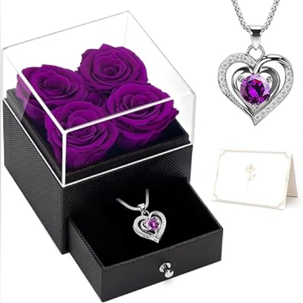 YEEBAY Preserved Flowers Gift, Incl 4 Purple Roses and Heart Necklace